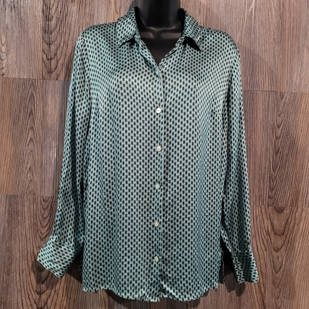 J Jill Geometric Button Front Blouse Sz M Teal/Brown Silky Collared Long Sleeve